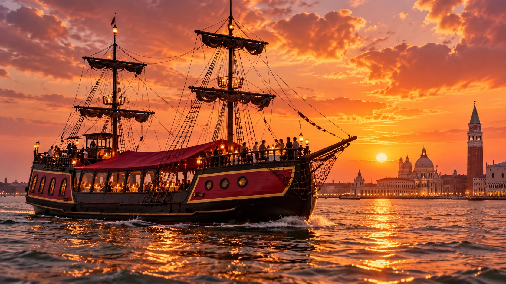 Illustrative Venetian galleon sailing across the lagoon at sunset, with the city skyline in the distance.