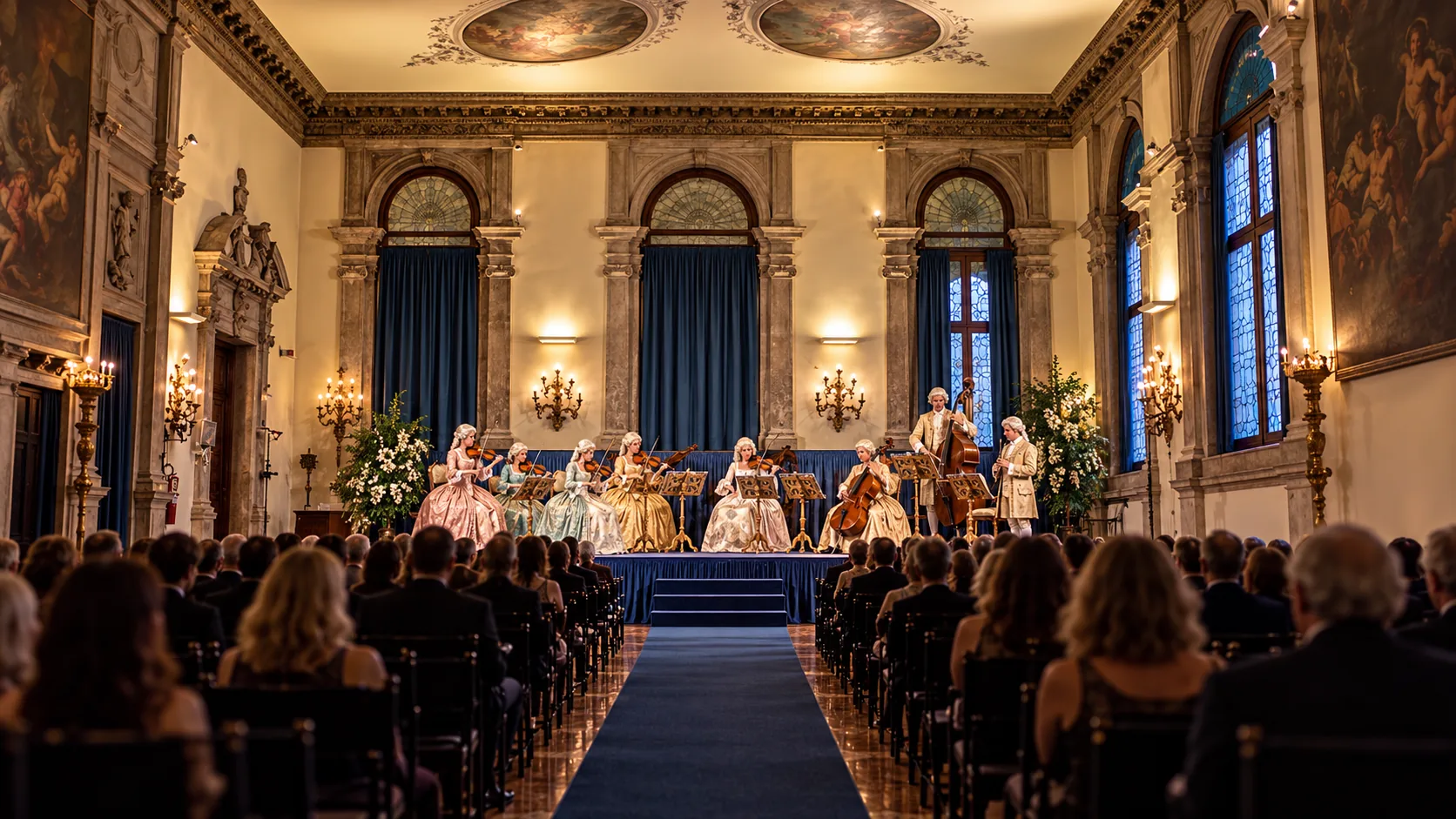 Illustrative view of a seated audience watching a period-costumed chamber orchestra in an ornate Venetian hall.